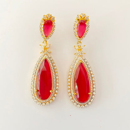 Hot Red  Stone Gold Plated Long dangler light weight Earring