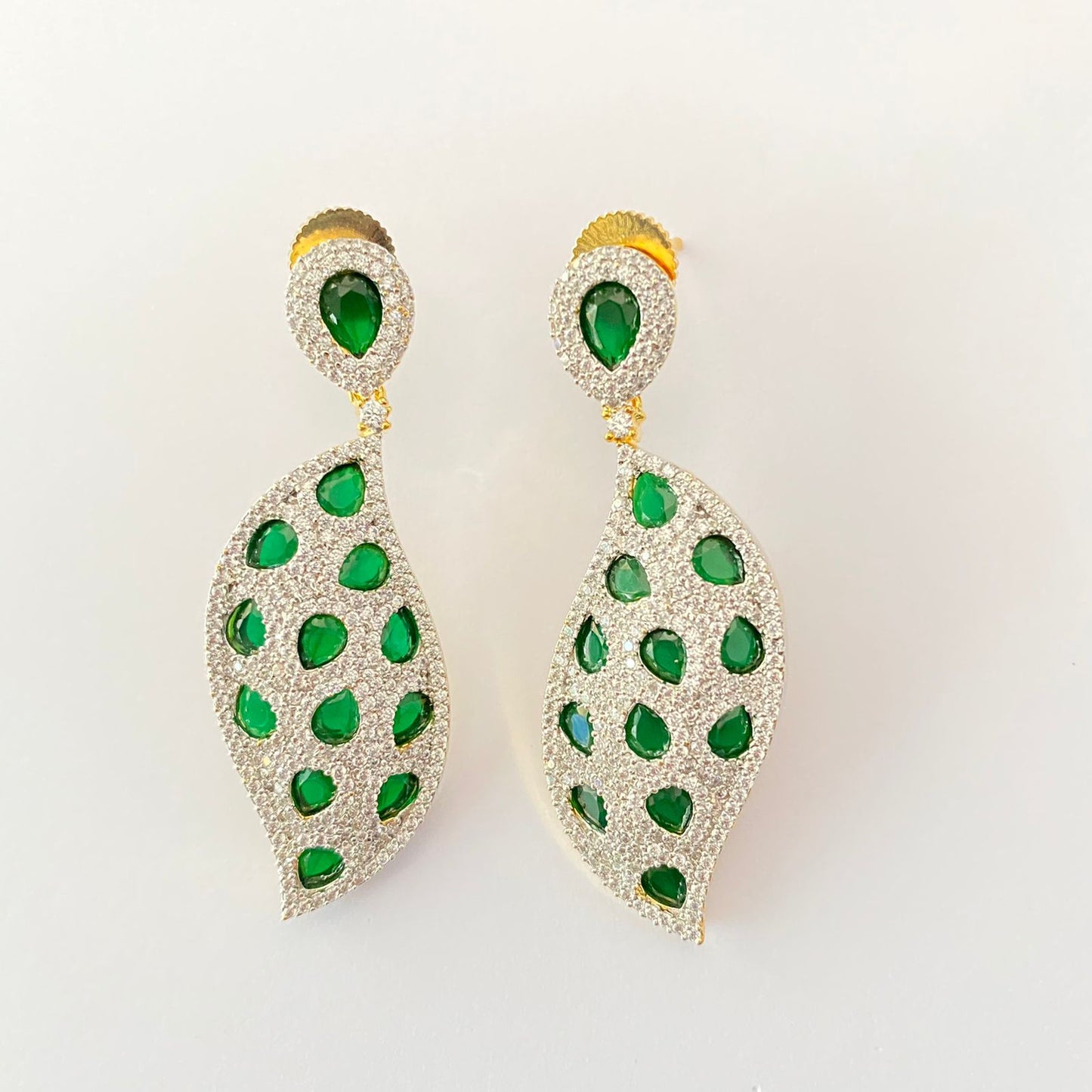 Green Stone Gold Plated Leaf Dangler earring