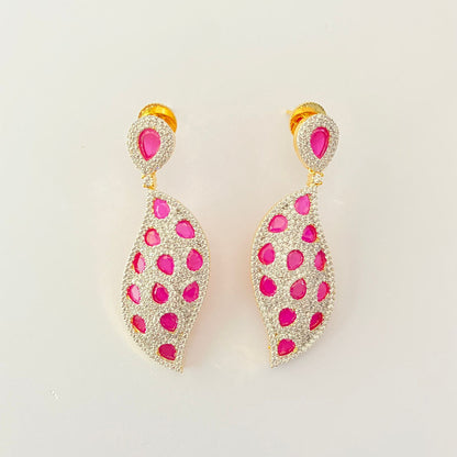 Pink stone Gold Plated Leaf Dangler  Earring