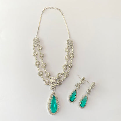 Double Line Aquamarine Diamond Necklace Set