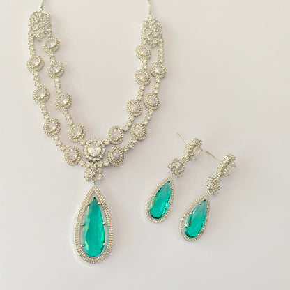 Double Line Aquamarine Diamond Necklace Set