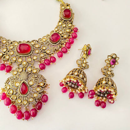 Gold Plated Diamond Drop Ruby Necklace Set