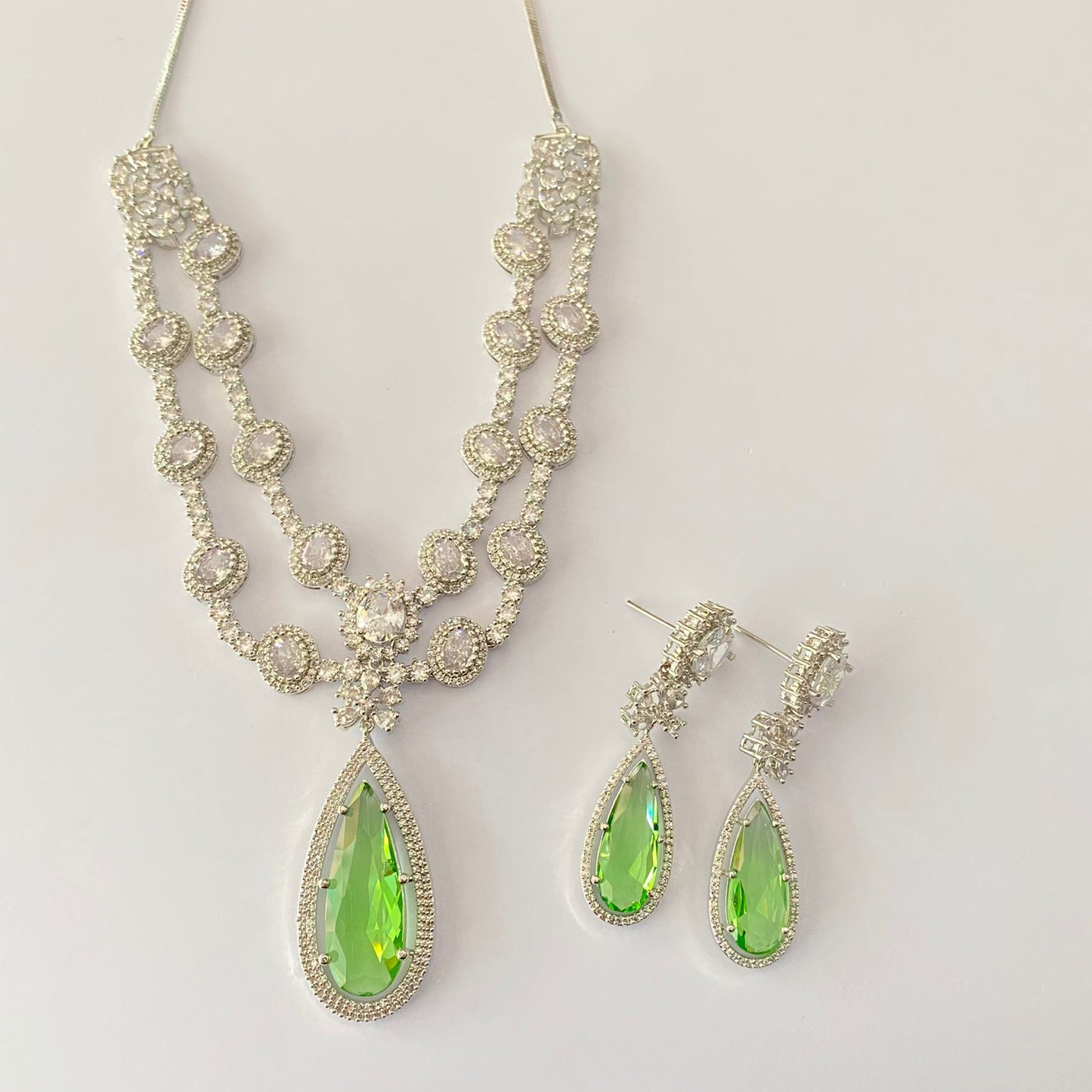 Silver Plated Double Line Peridot Diamond Necklace