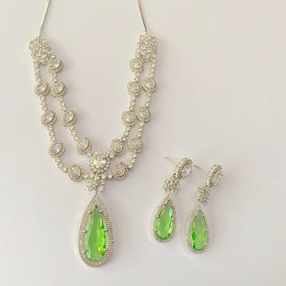 Silver Plated Double Line Peridot Diamond Necklace