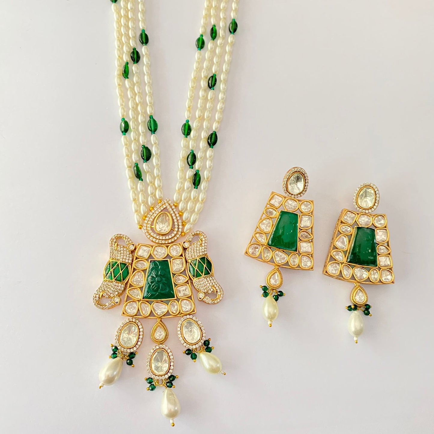 Stylish Emerald kundan Stone Rice Pearl long Necklace