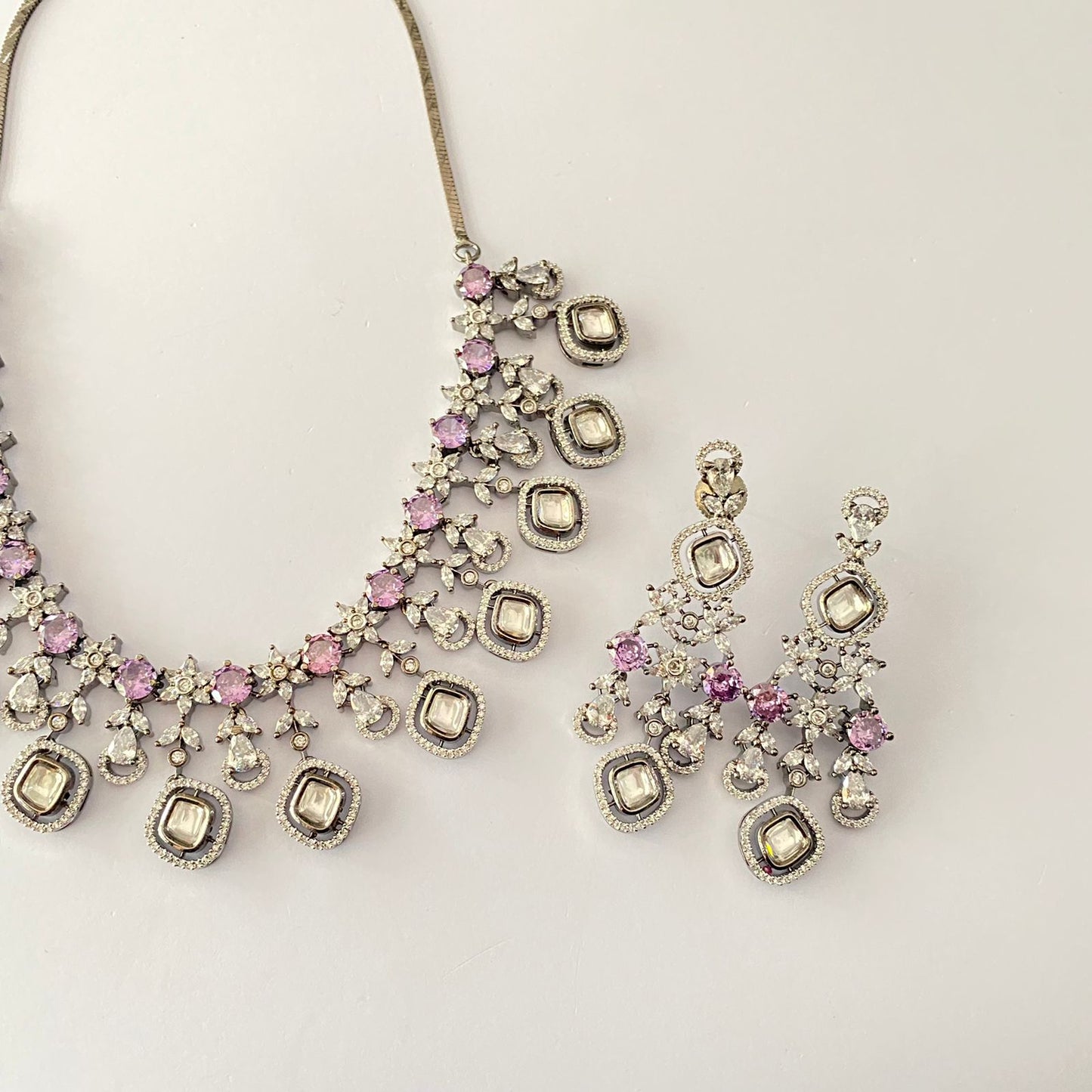 Oxidised Purple Polki Diamond Necklace Set