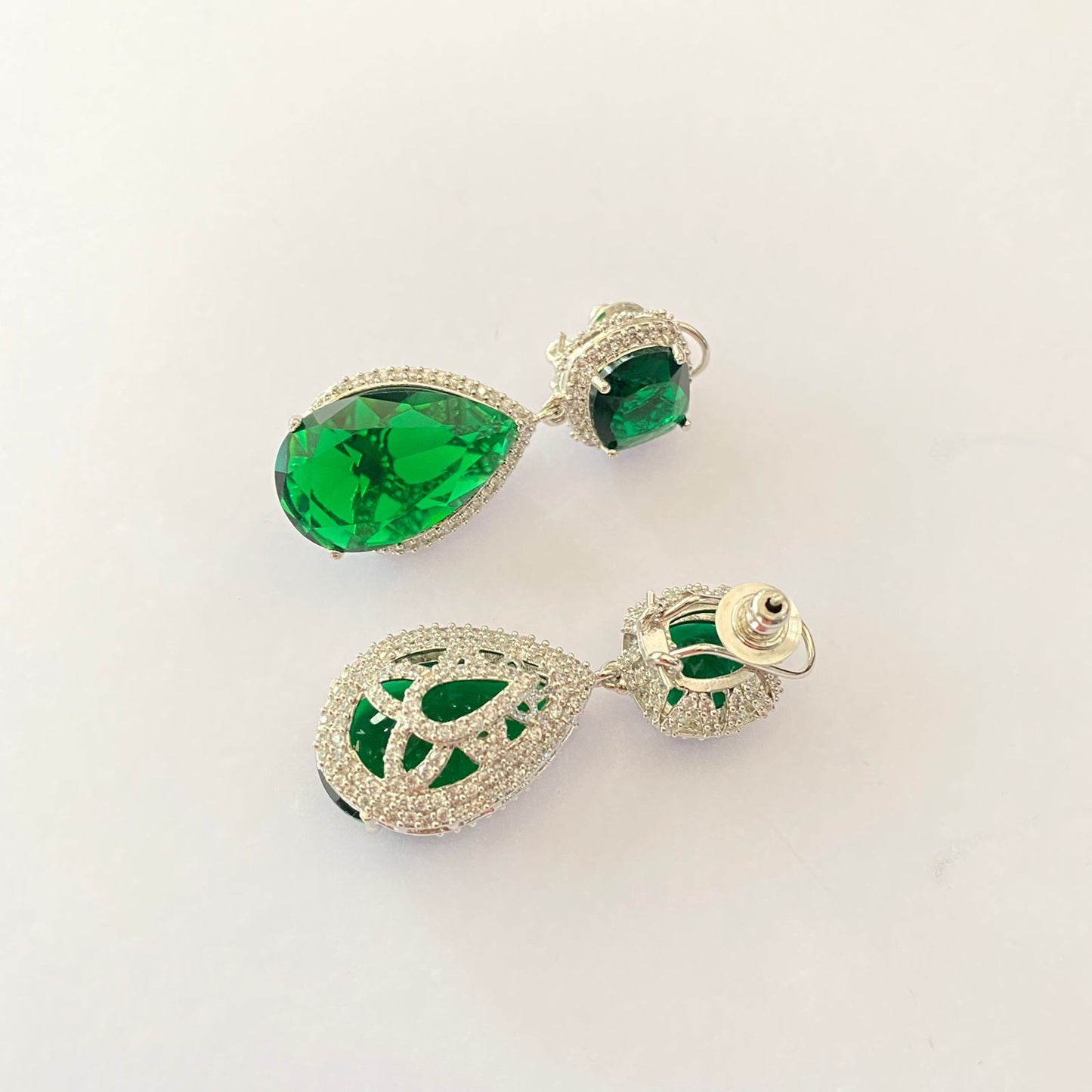 Silver Plated Green Stone With Back Clip Earring