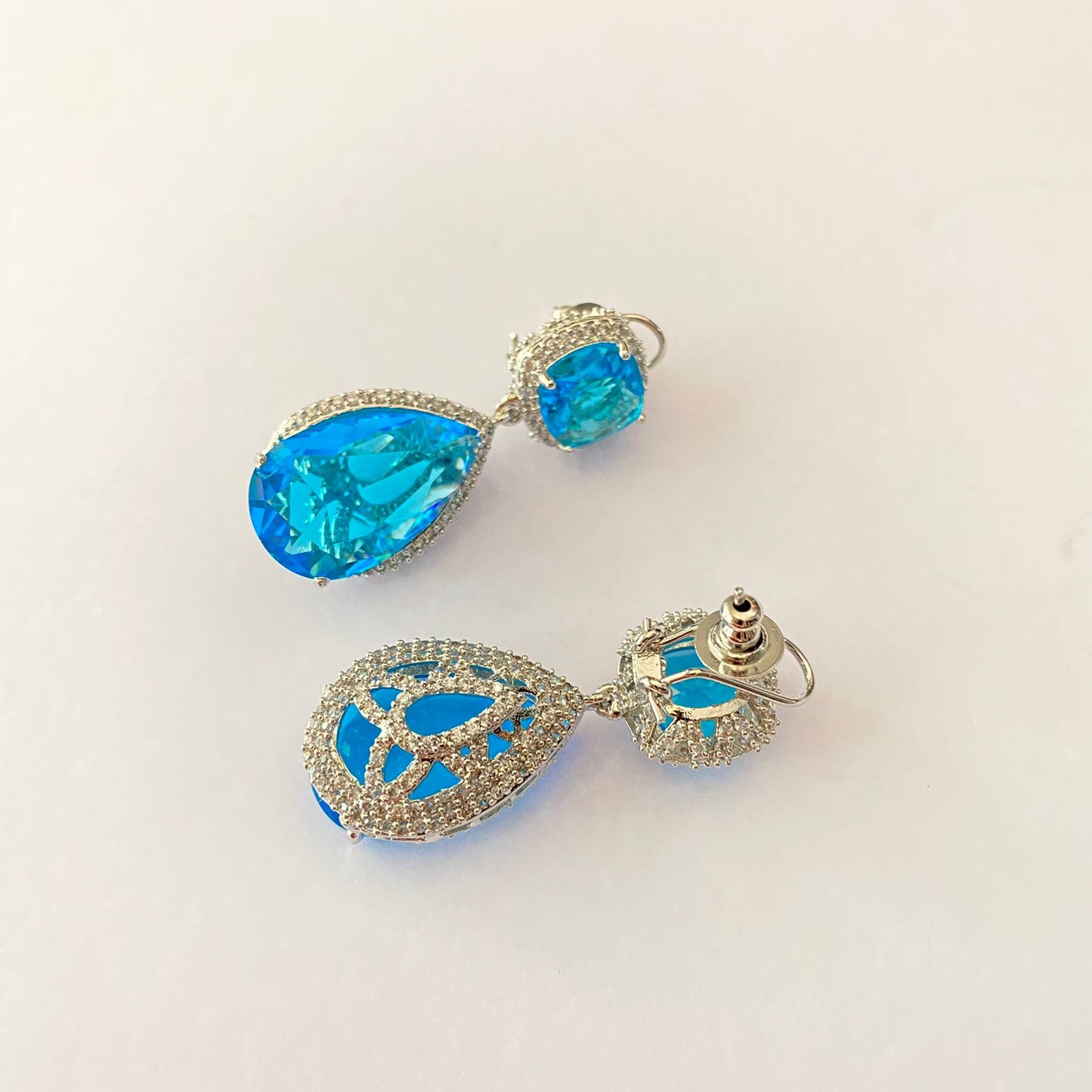 Silver Plated Light Blue Stone With Back Clip Earring