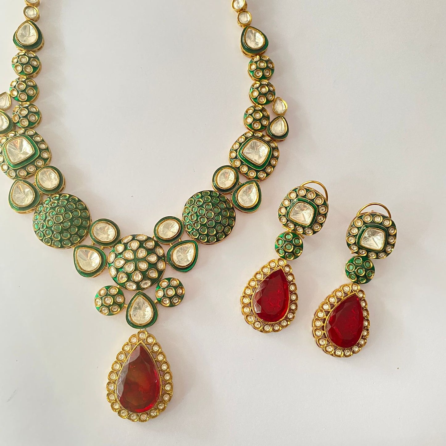 Ruby Drop Stone Polki Green Necklace Set