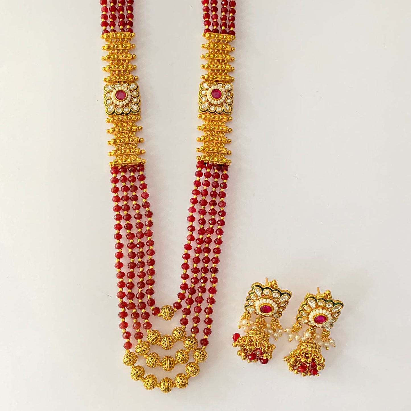 Ruby Beads Gold Plated Long Necklace Set