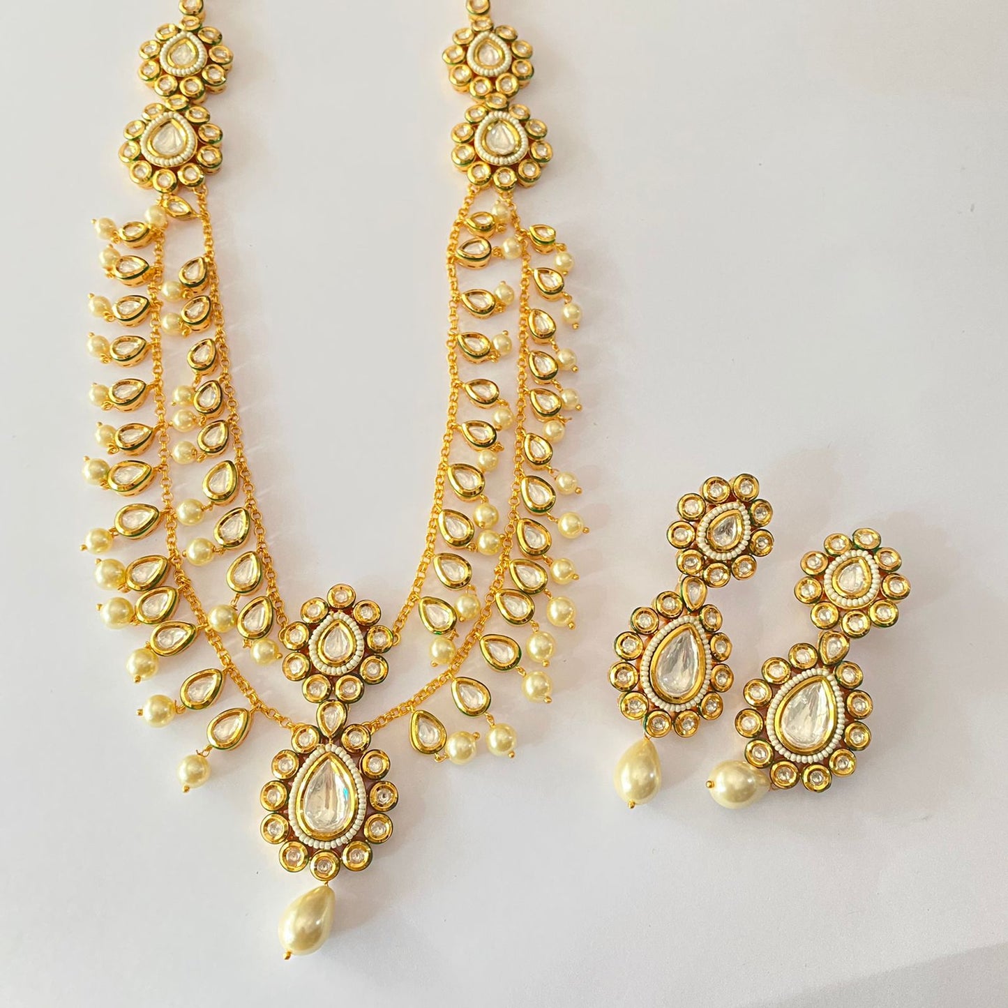 Gold Plated Polki Drop Pearl Double Line Necklace