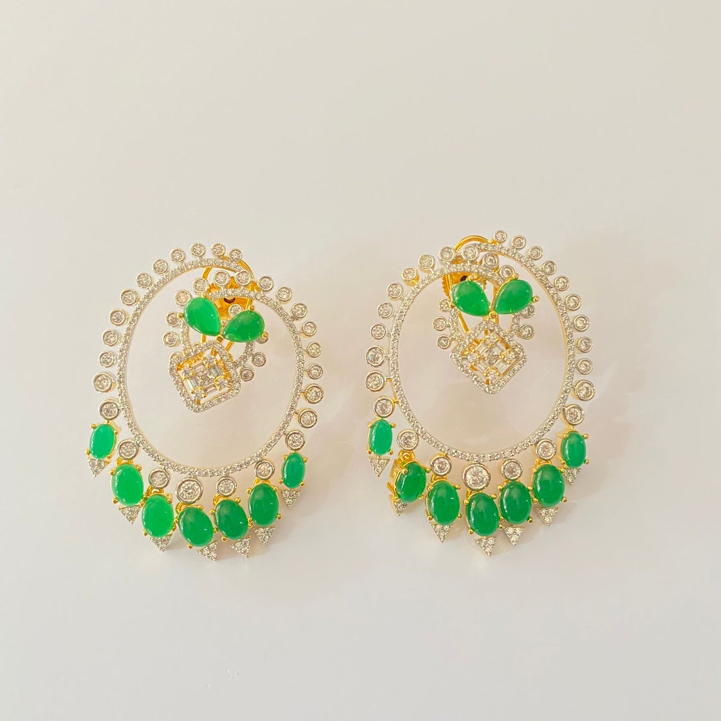 Green Stone Gold Plated Round Big Stud Earring