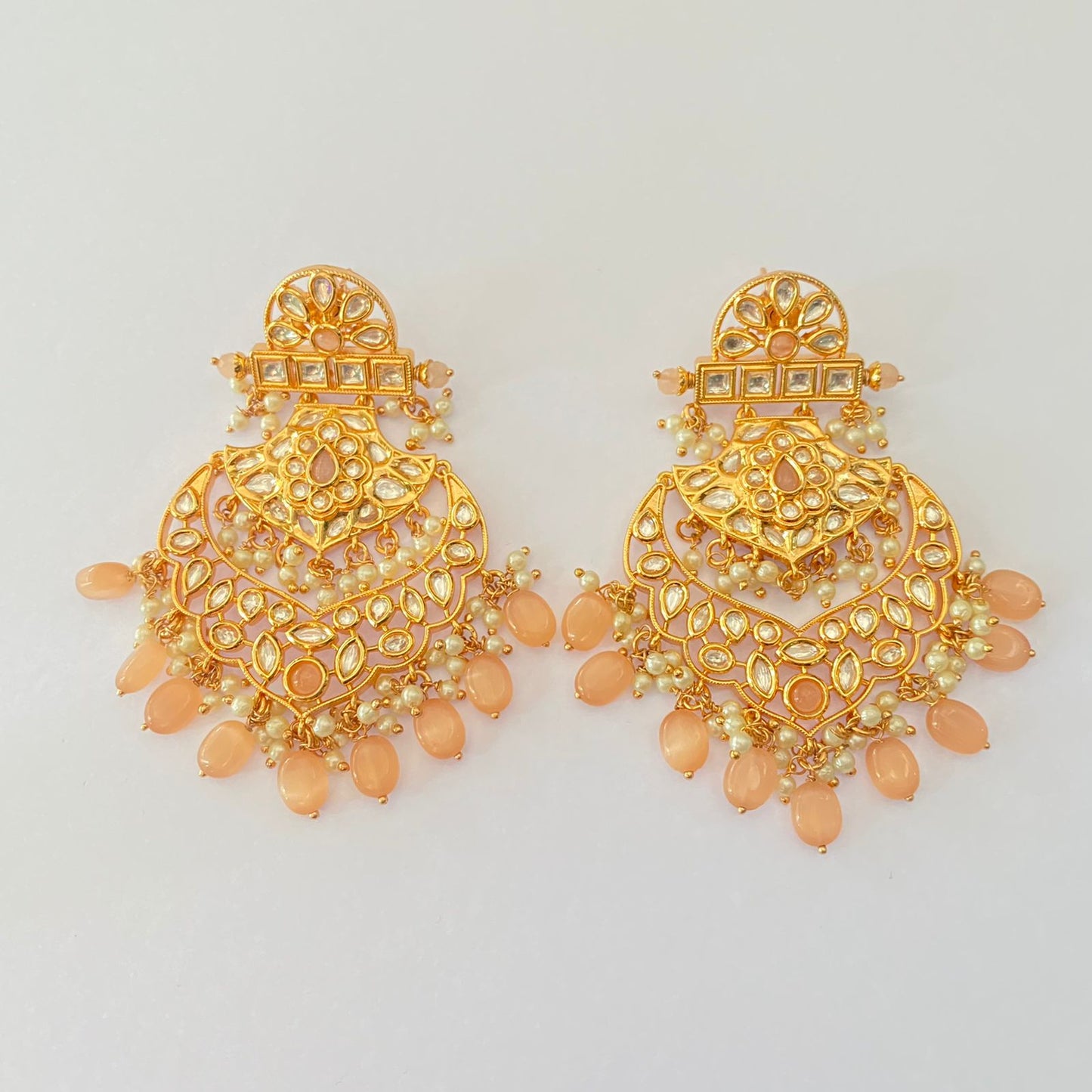 Ethnic Peach  stone drop kundan big chandbali earring