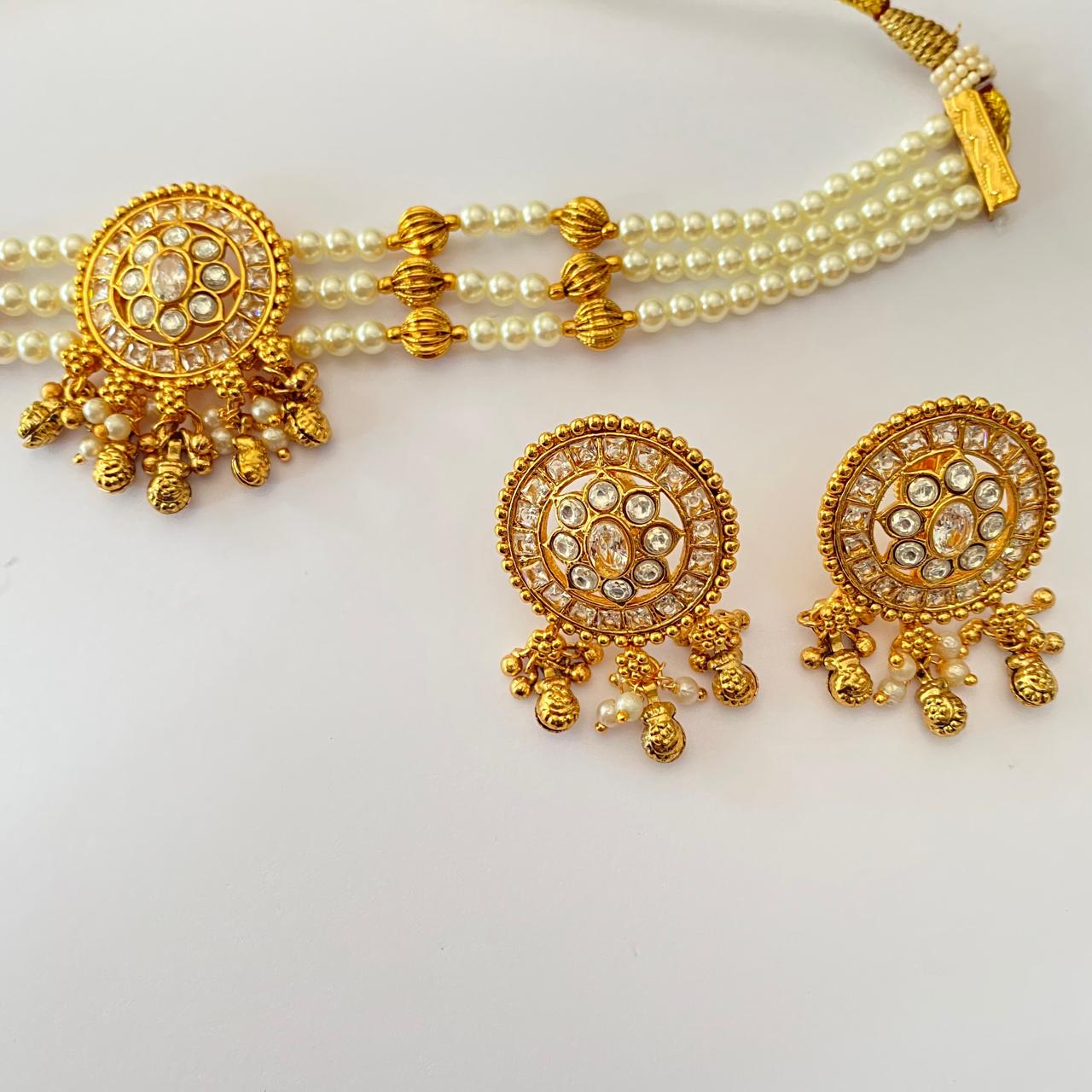 Gold Plated with pearl Polki Choker Necklace set