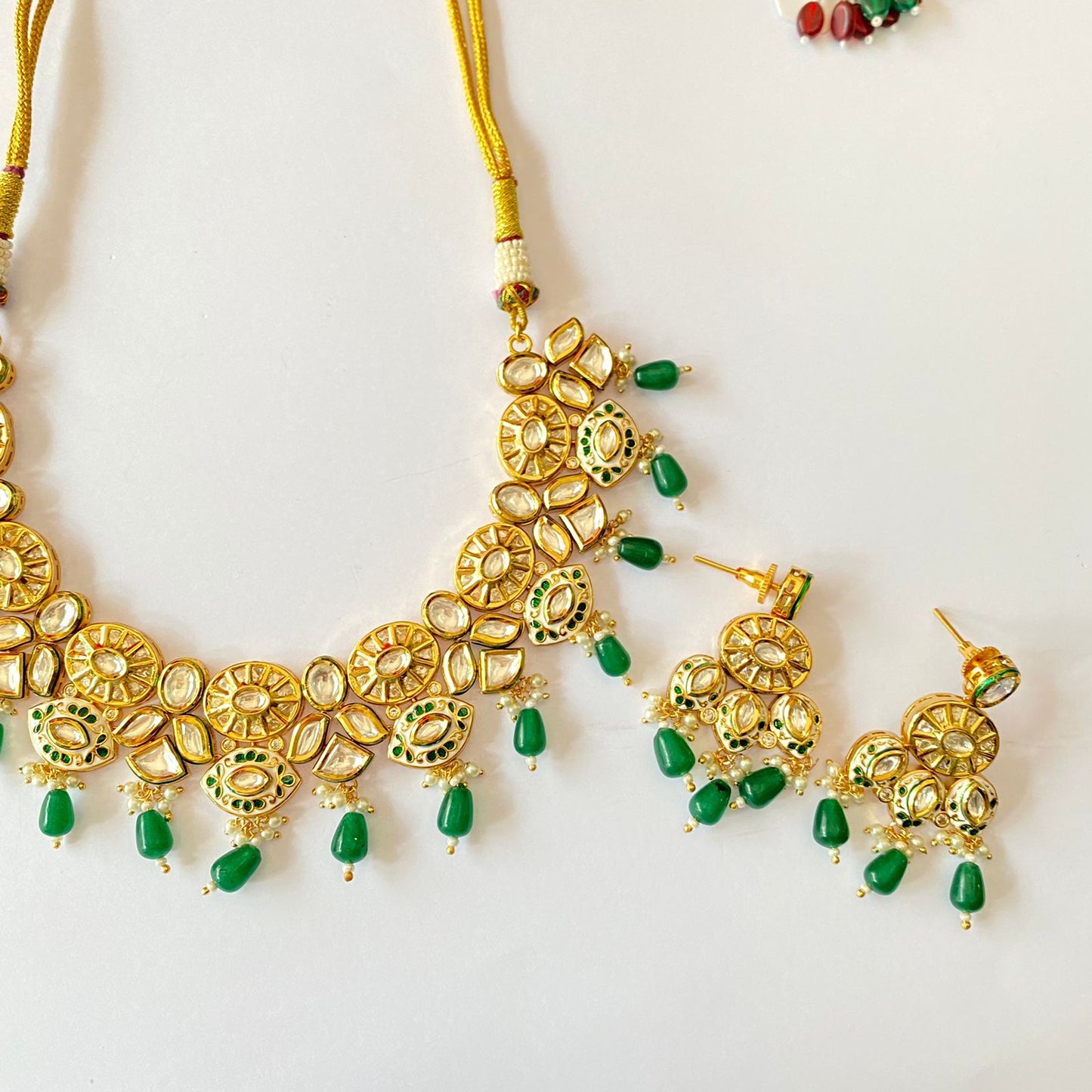 Gold Plated Kundan Drop Green Necklace Set