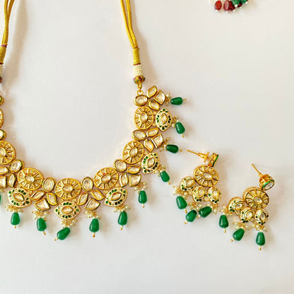 Gold Plated Kundan Drop Green Necklace Set