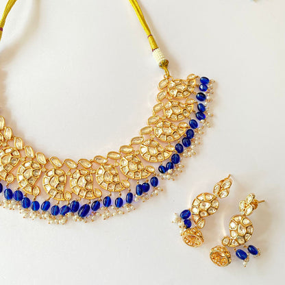 Polki Drop Blue Necklace Set