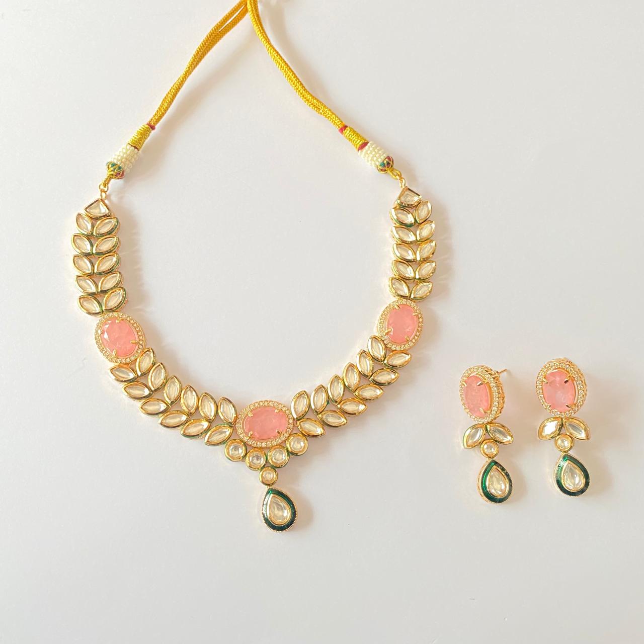 Polki Gold plated peach Leaves Design Necklace Set