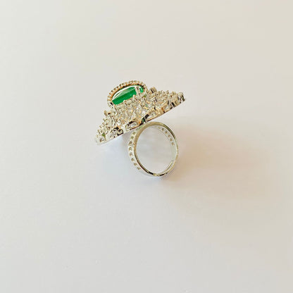 Green Stone Silver Plated A.d Adjustable Cocktail Ring