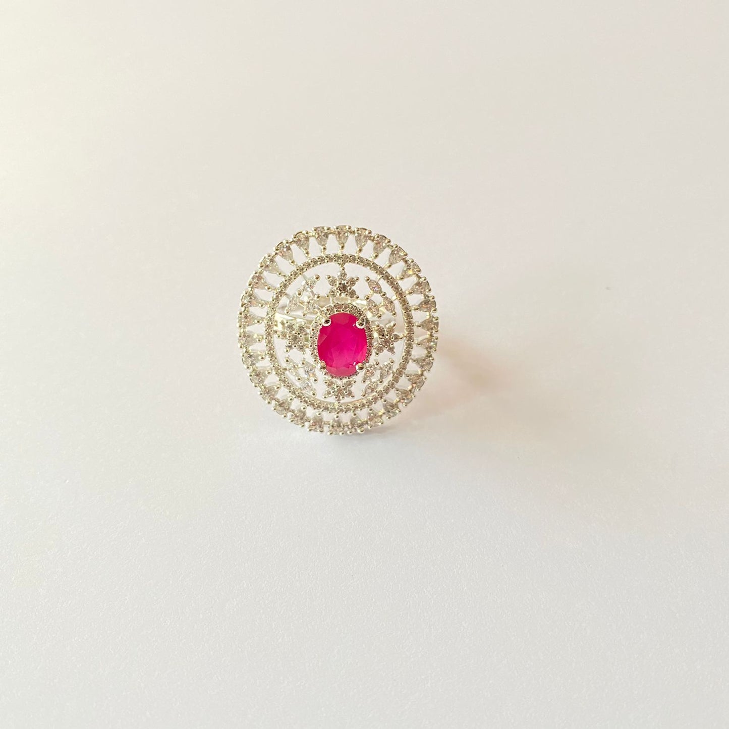 Pink Center Stone A.D Silver Plated Adjustable Ring