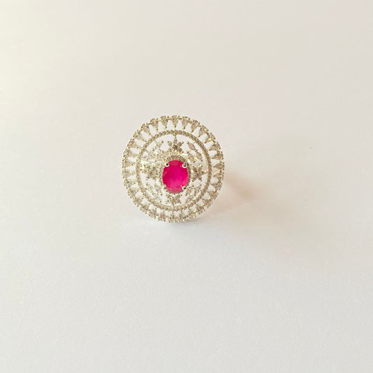 Pink Center Stone A.D Silver Plated Adjustable Ring