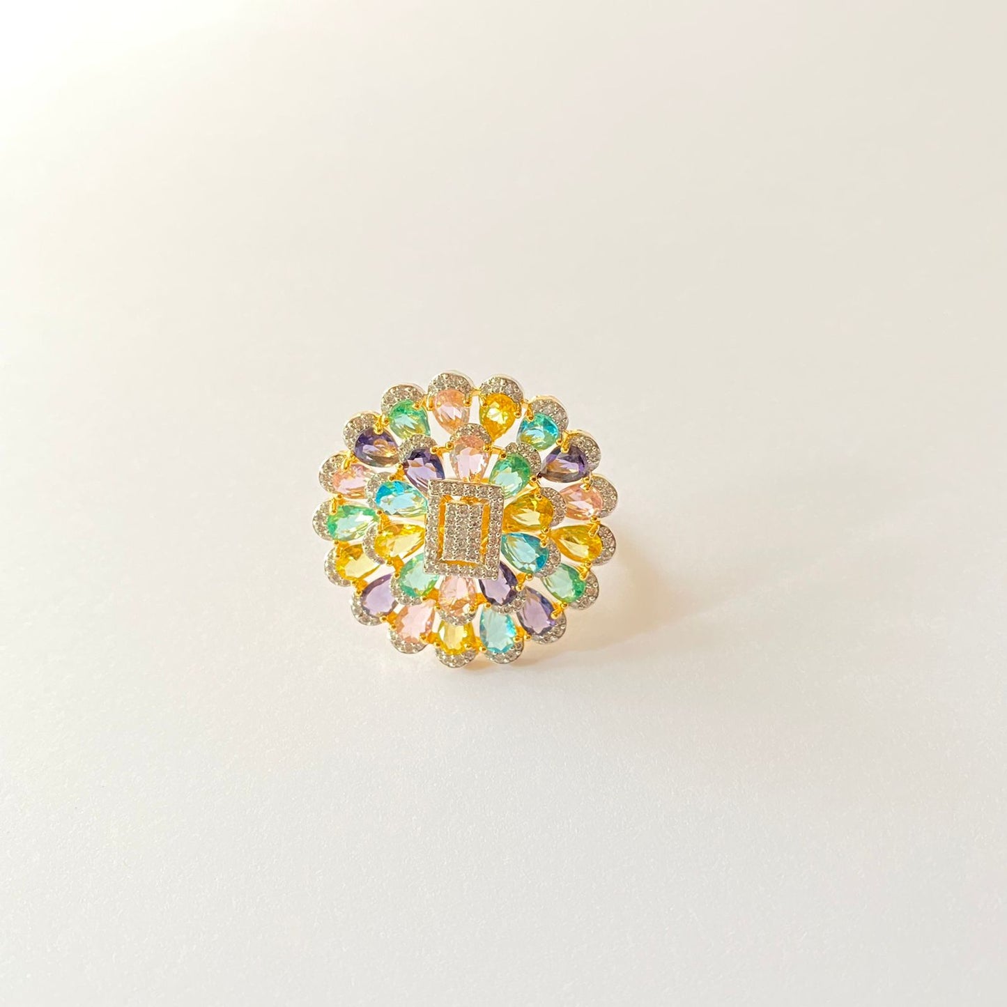 Floral Multi Stone Gold Plated Adjustable Ring