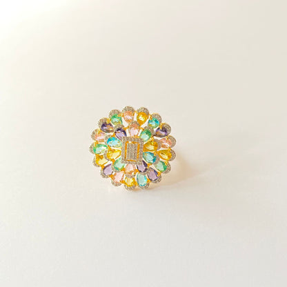 Floral Multi Stone Gold Plated Adjustable Ring