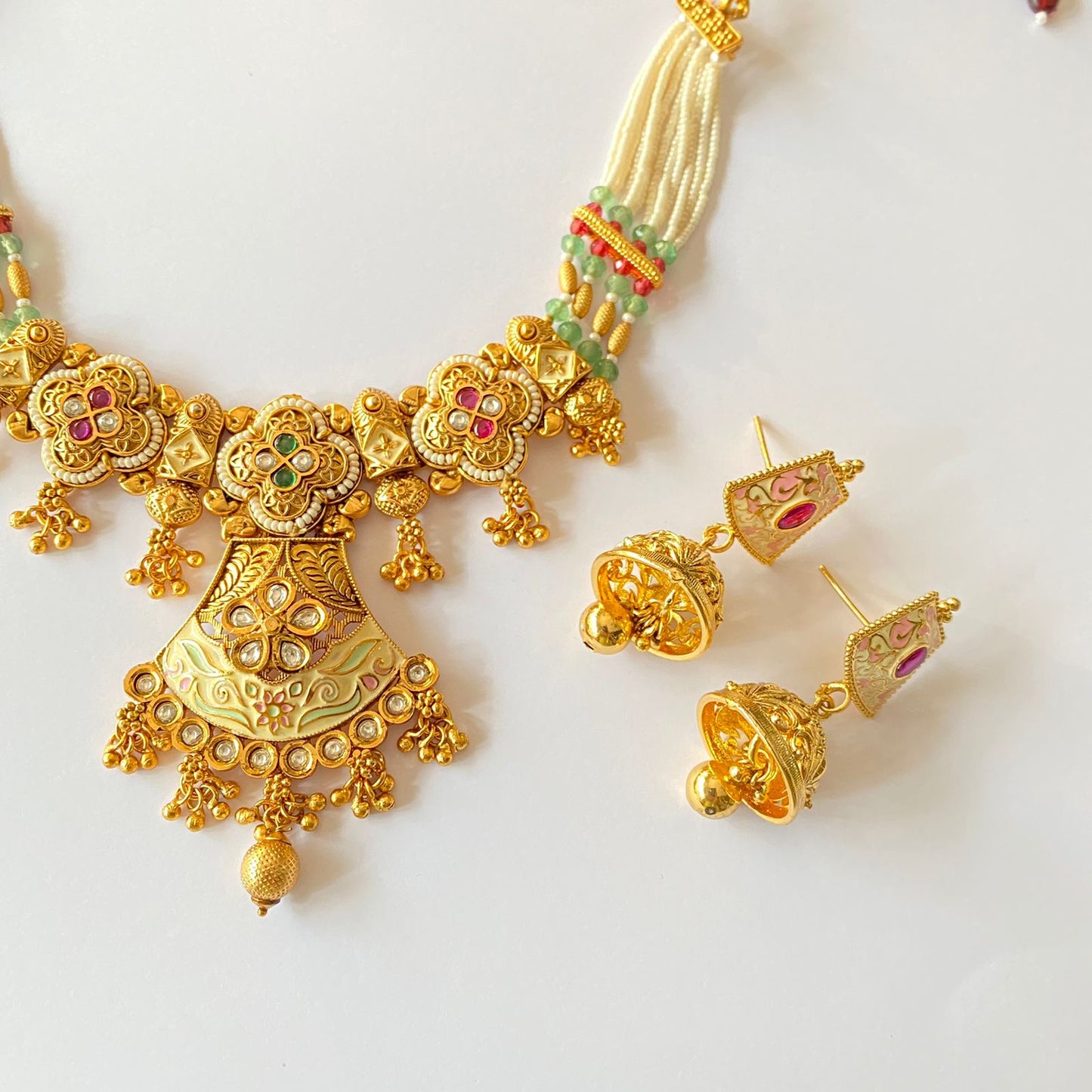 Gold Plated White Moti Beads Necklace Set