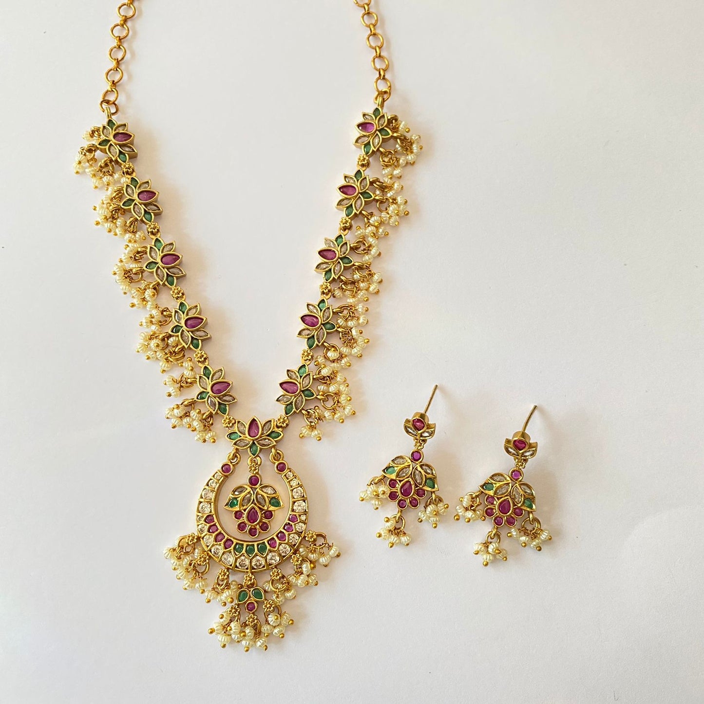 Ruby & Green Pearl Necklace Set