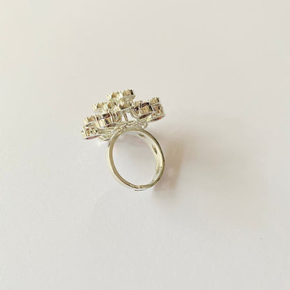 Floral Red Stone Silver Plated Adjustable Ring