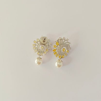 Yellow Stone A.D Silver Plated Pearl Drop Back Clip Earring