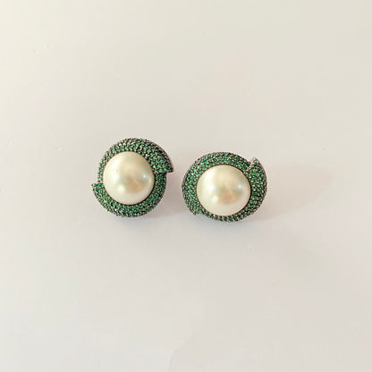 Green With Pearl Victorian  Studs Earring