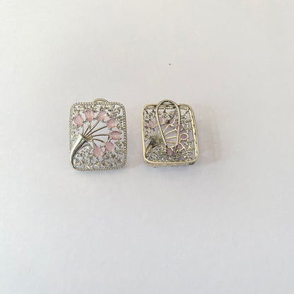 Pink stone A.D Silver Plated Back clip Square Stud Earring