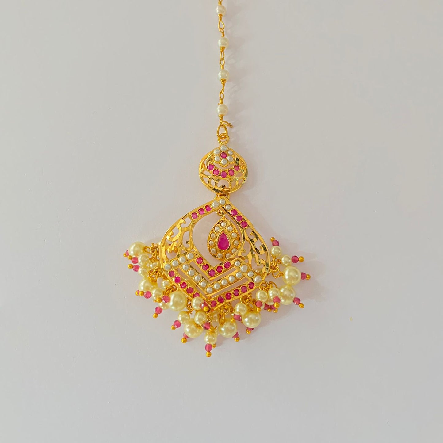 Ruby With Pearl Drop Gold Plated Mangtika