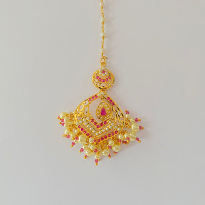 Ruby With Pearl Drop Gold Plated Mangtika