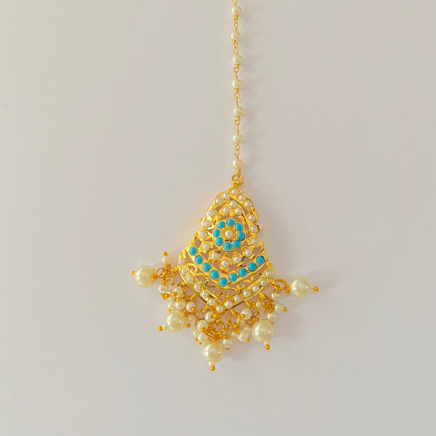 Blue & white pearl gold plated mangtika