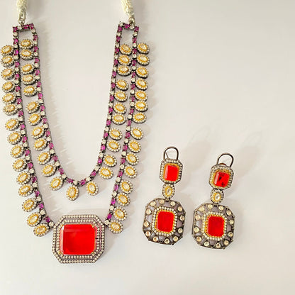 Oxidised Polki Ruby Stone Double Line Necklace Set