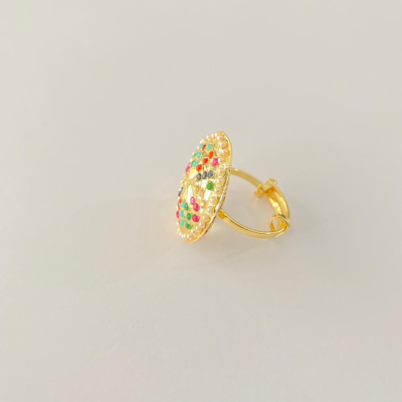 Multi  Jadau Floral Gold Plated  Adjustable Ring