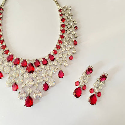 Silver Plated Ruby Diamond Necklace Set