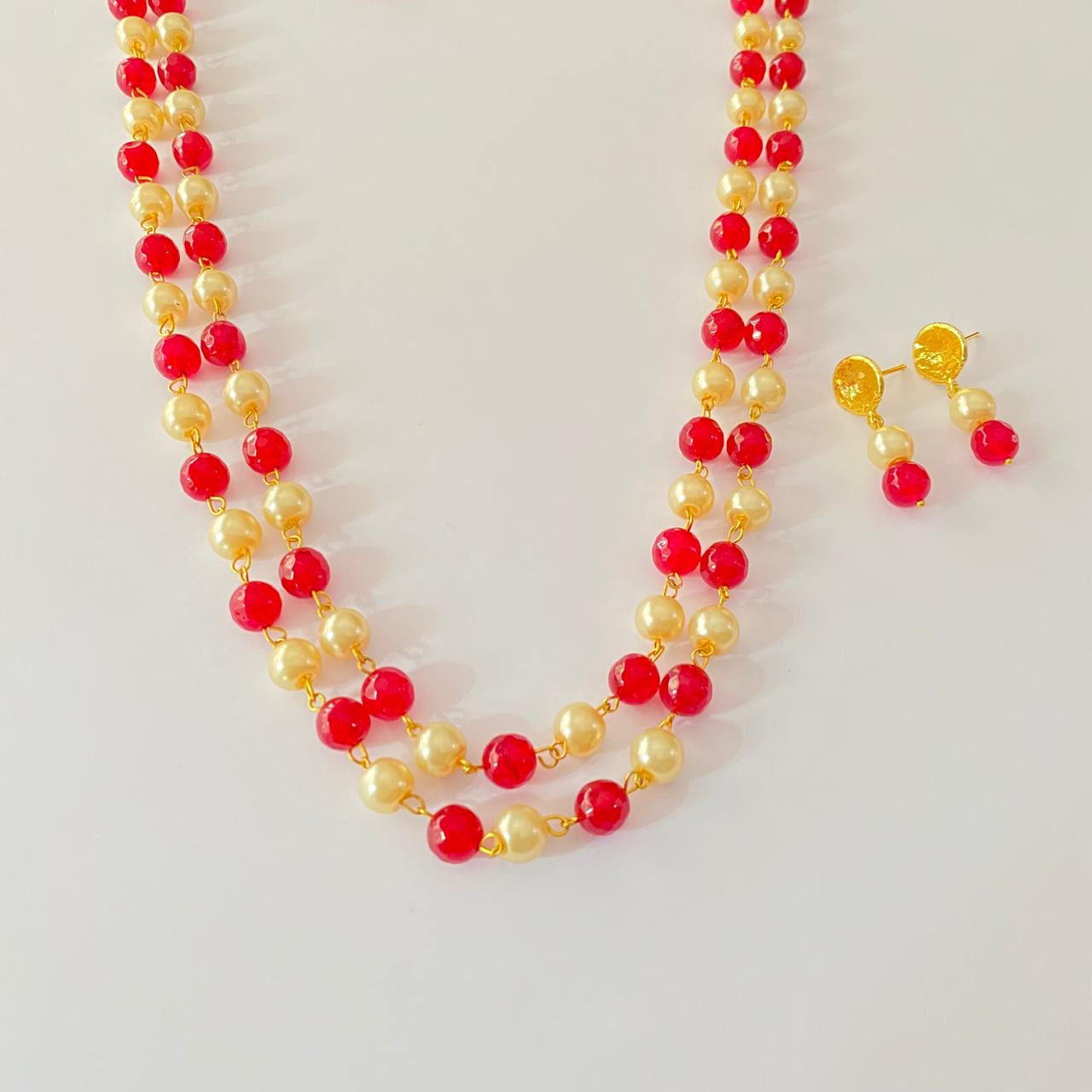 Ruby with off white pearl double Layer Necklace Set