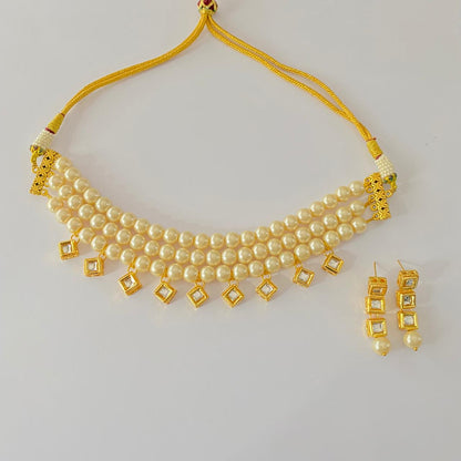 Off white pearl with kundan three Layer Necklace Set