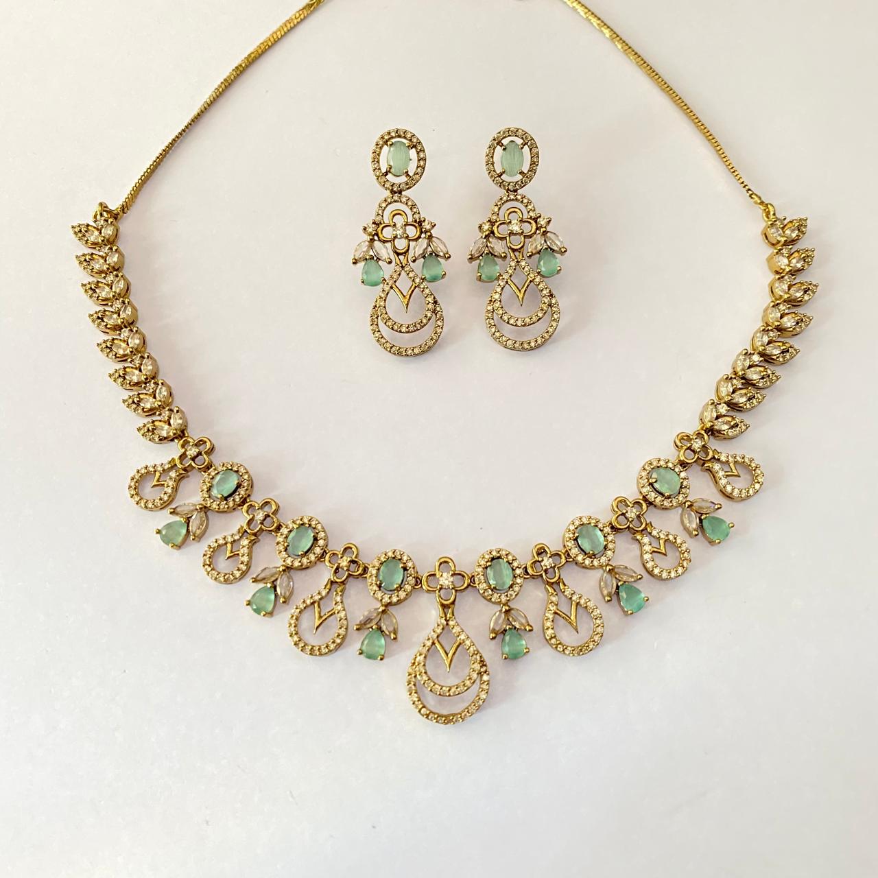 Diamond Aquamarine Gold Plated Ant tennis  Necklace Set