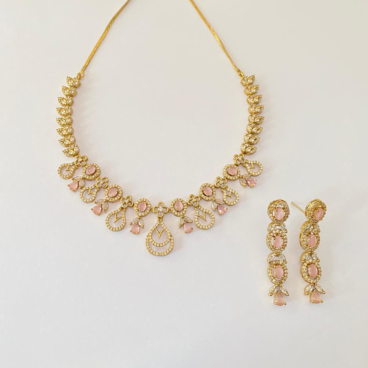 Diamond rose quartz Gold Plated Necklace Set