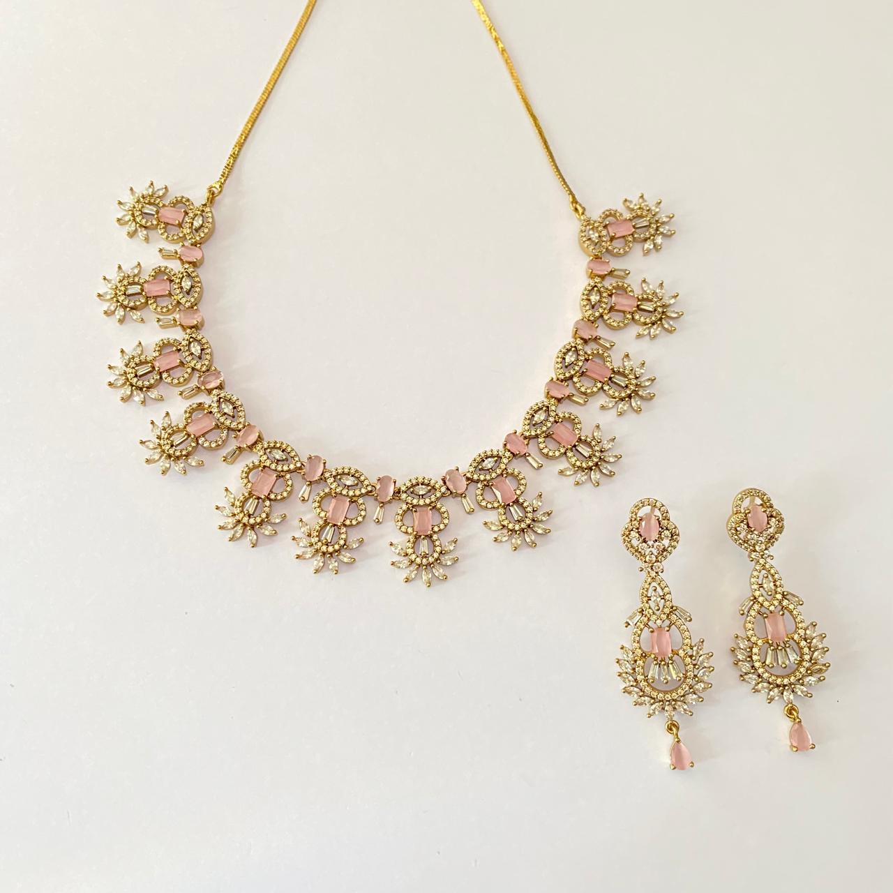 Diamond  rose quartz gold Plated Necklace Set