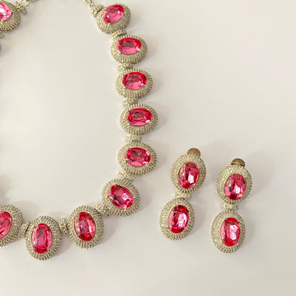 Silver Plated Pink Stone Necklace Set