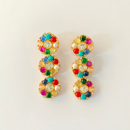 Multi  Stone  Gold plated long  Earring