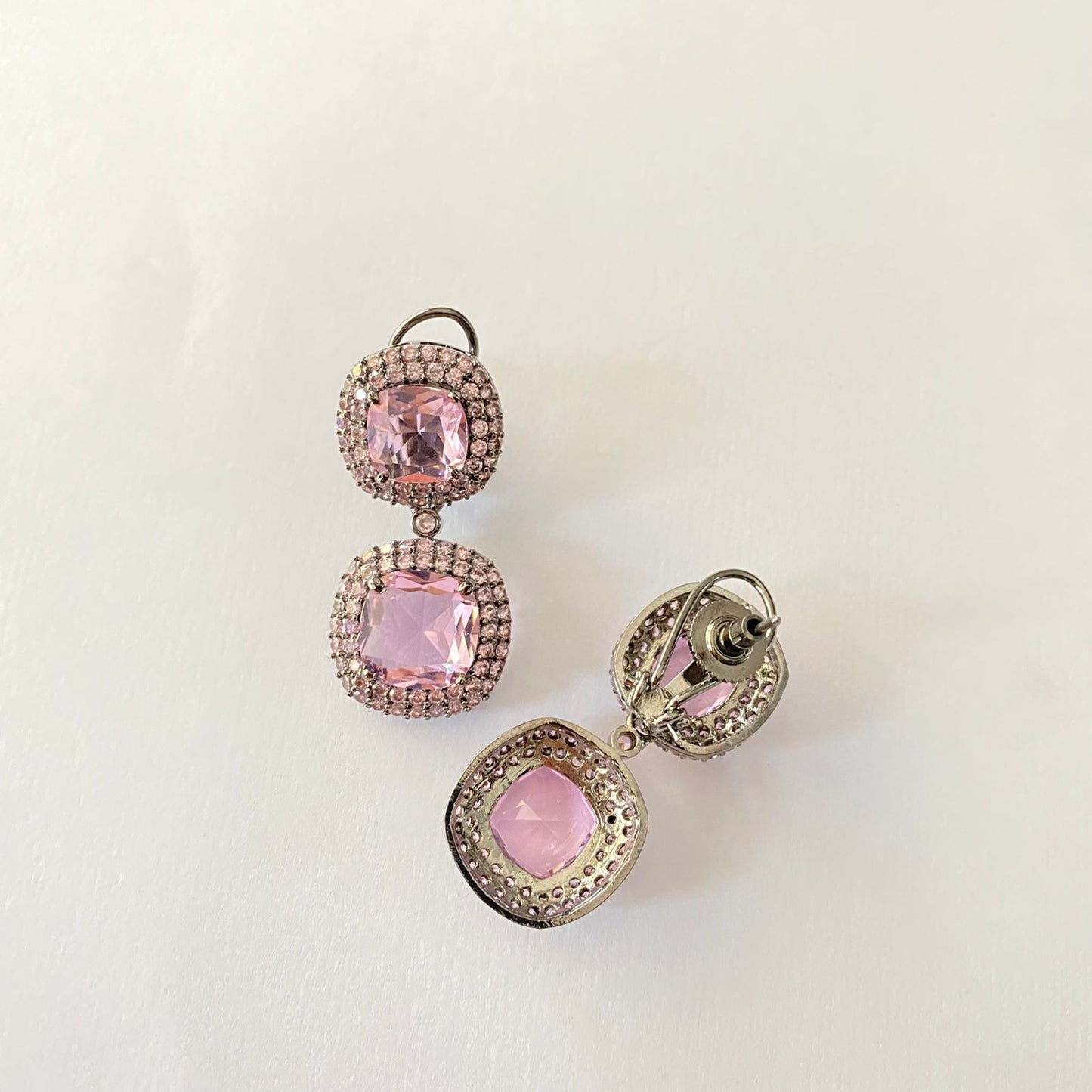 Oxidised Pink Stone Earring With Back Clip