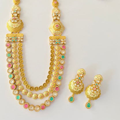 Multi Color Three Line Gold Plated Polki Necklace.