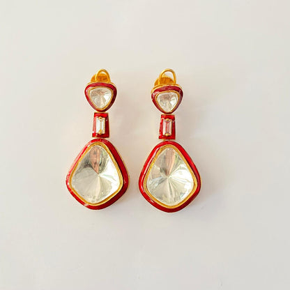 Red meenakari polki back clip dangler Earring