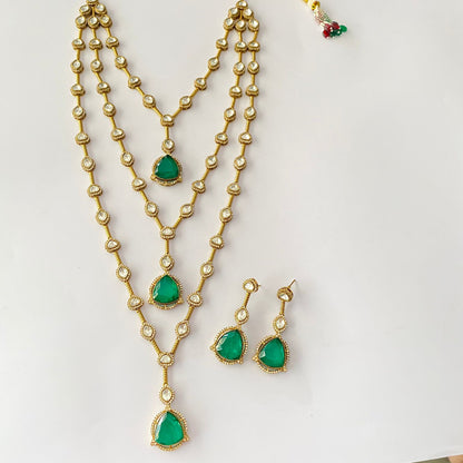 Three Line Green Antique Gold Polki Necklace Set